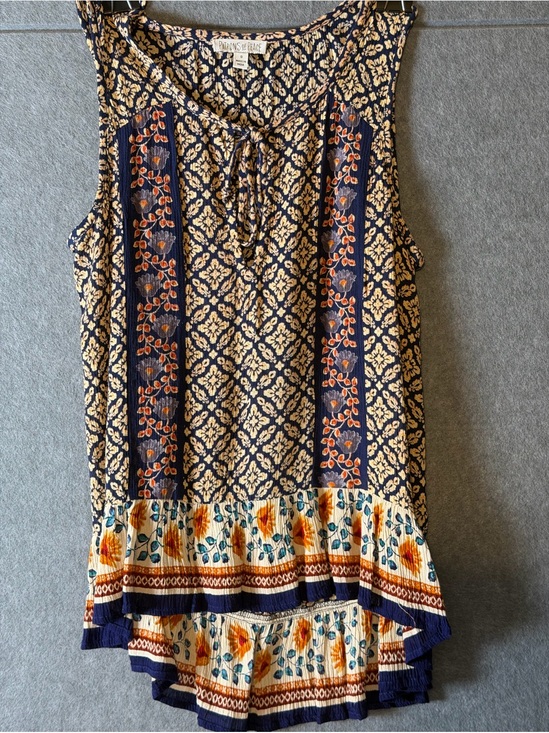Patrons of Peace Tops - Boho Indie Lagenlook Patrons of Peace Beige Floral Sunflower Ruffle Sleeveless M